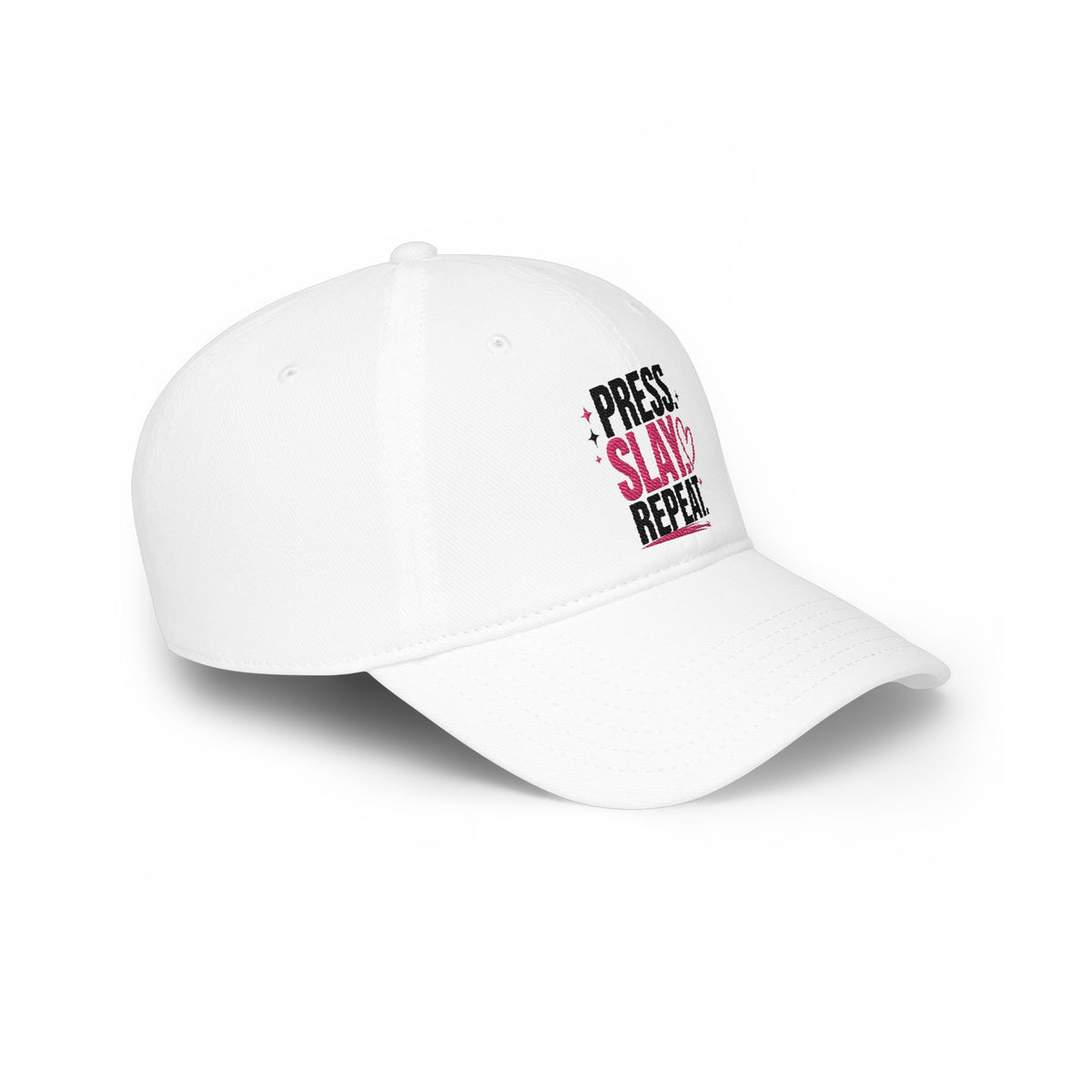 Press Slay Repeat Baseball Cap — Motivational Pink Heart Low-Profile Hat