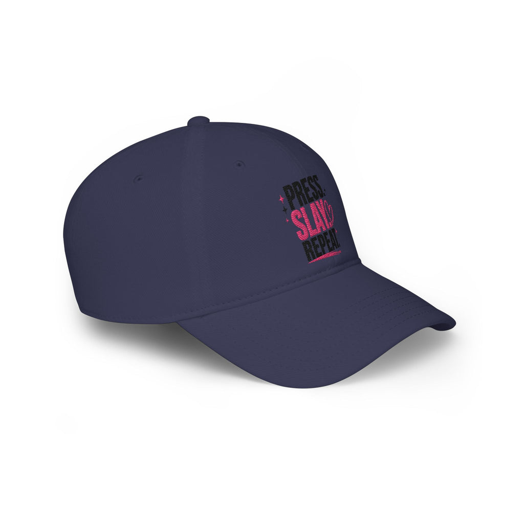 Press Slay Repeat Baseball Cap — Motivational Pink Heart Low-Profile Hat
