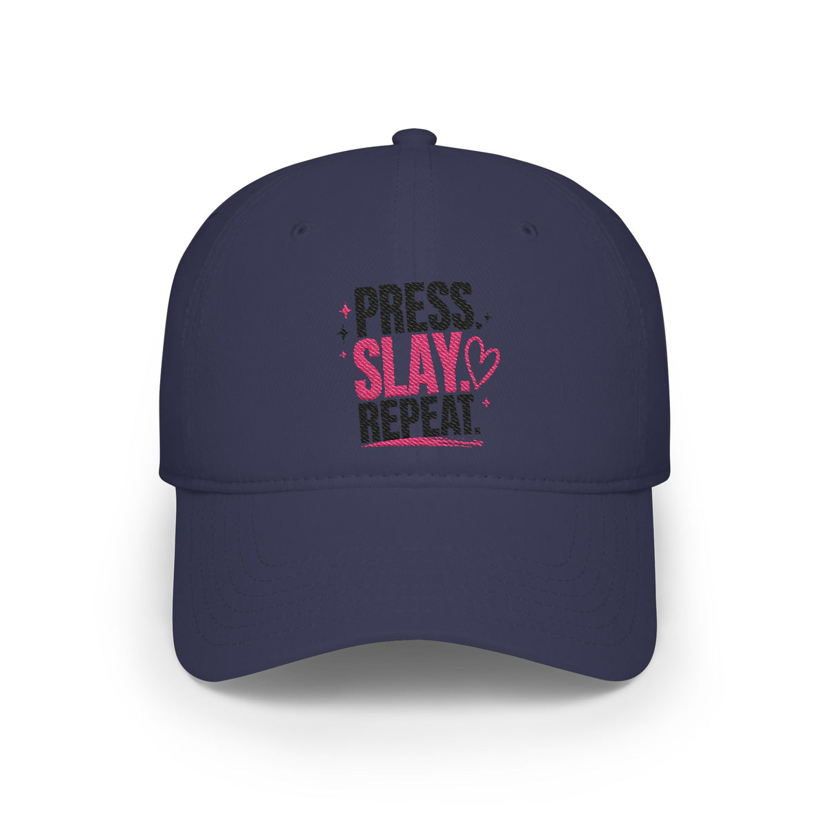 Press Slay Repeat Baseball Cap — Motivational Pink Heart Low-Profile Hat