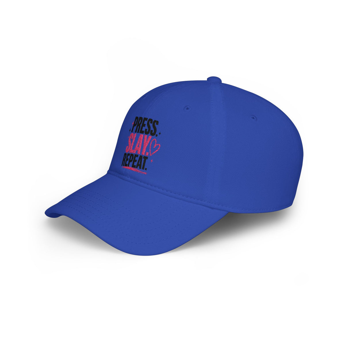 Press Slay Repeat Baseball Cap — Motivational Pink Heart Low-Profile Hat