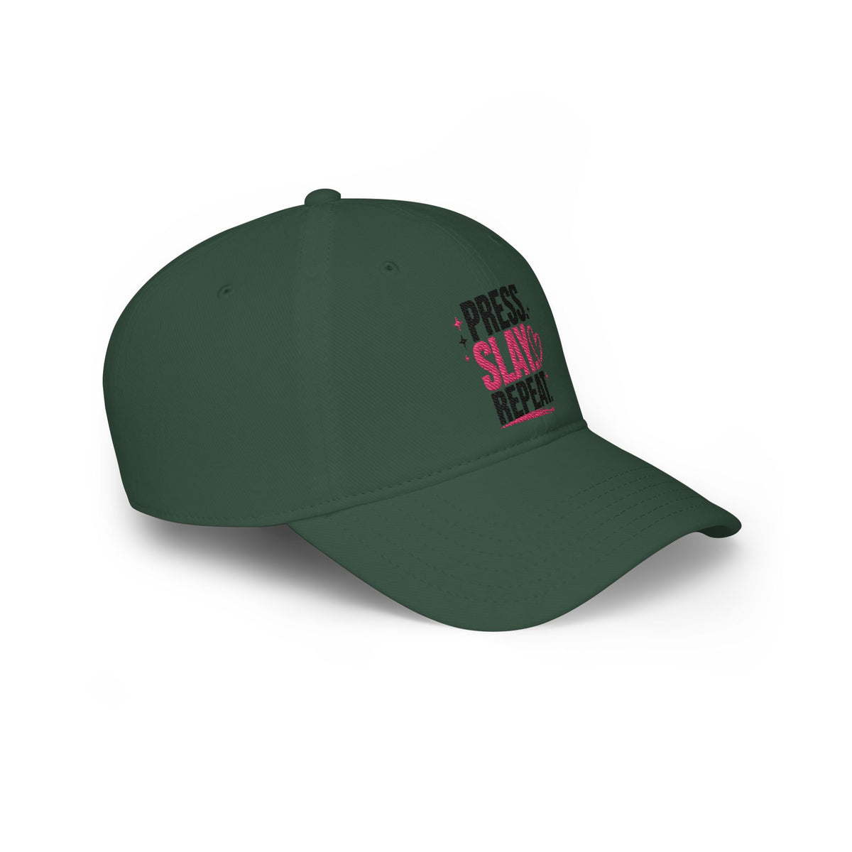 Press Slay Repeat Baseball Cap — Motivational Pink Heart Low-Profile Hat