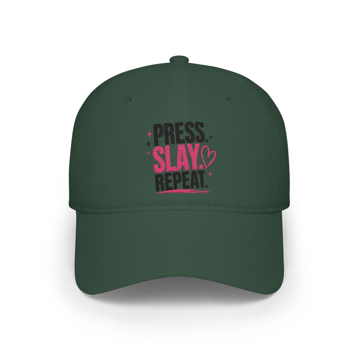 Press Slay Repeat Baseball Cap — Motivational Pink Heart Low-Profile Hat