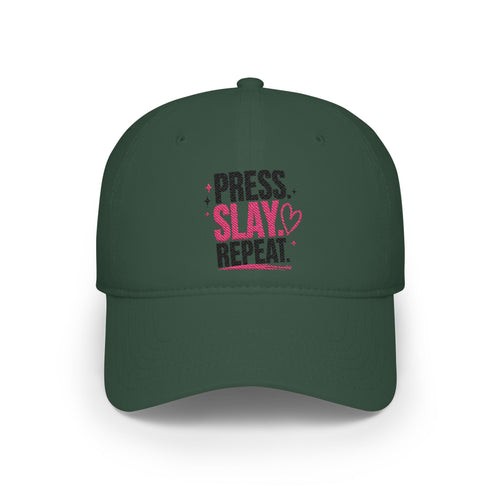 Press Slay Repeat Baseball Cap — Motivational Pink Heart Low-Profile Hat