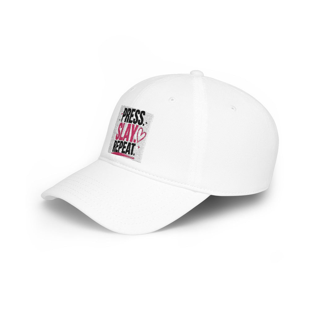 Press Slay Repeat Baseball Cap — Trendy Makeup Artist Hat