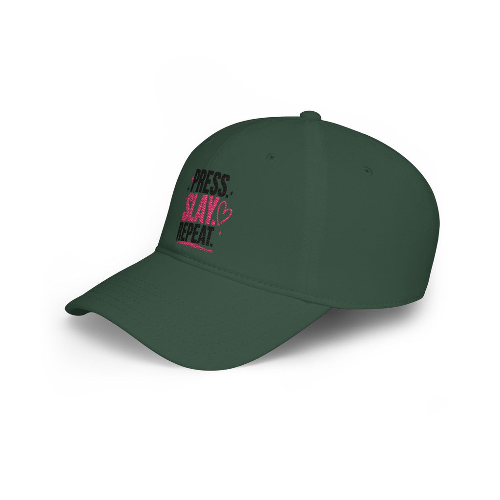 Press Slay Repeat Baseball Cap — Motivational Pink Heart Low-Profile Hat