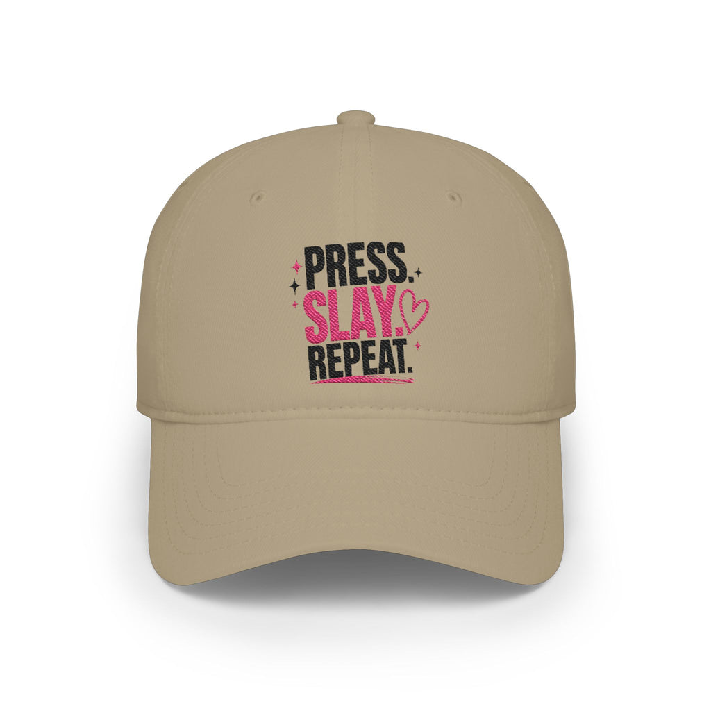 Press Slay Repeat Baseball Cap — Motivational Pink Heart Low-Profile Hat