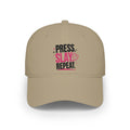 Press Slay Repeat Baseball Cap — Motivational Pink Heart Low-Profile Hat