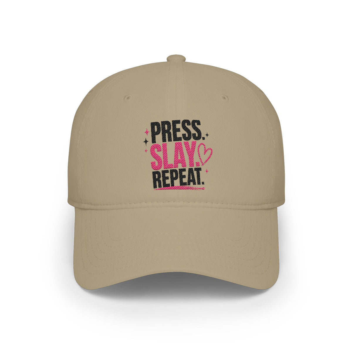 Press Slay Repeat Baseball Cap — Motivational Pink Heart Low-Profile Hat