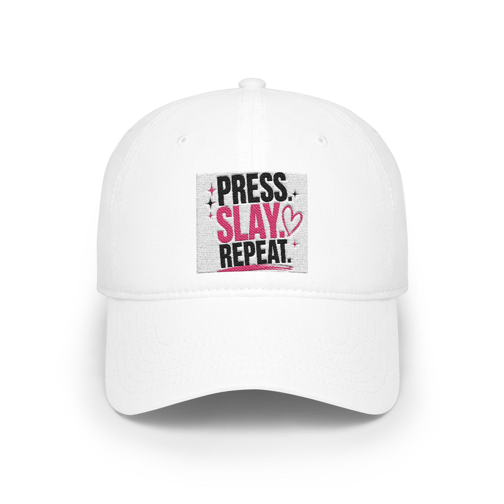 Press Slay Repeat Baseball Cap — Trendy Makeup Artist Hat