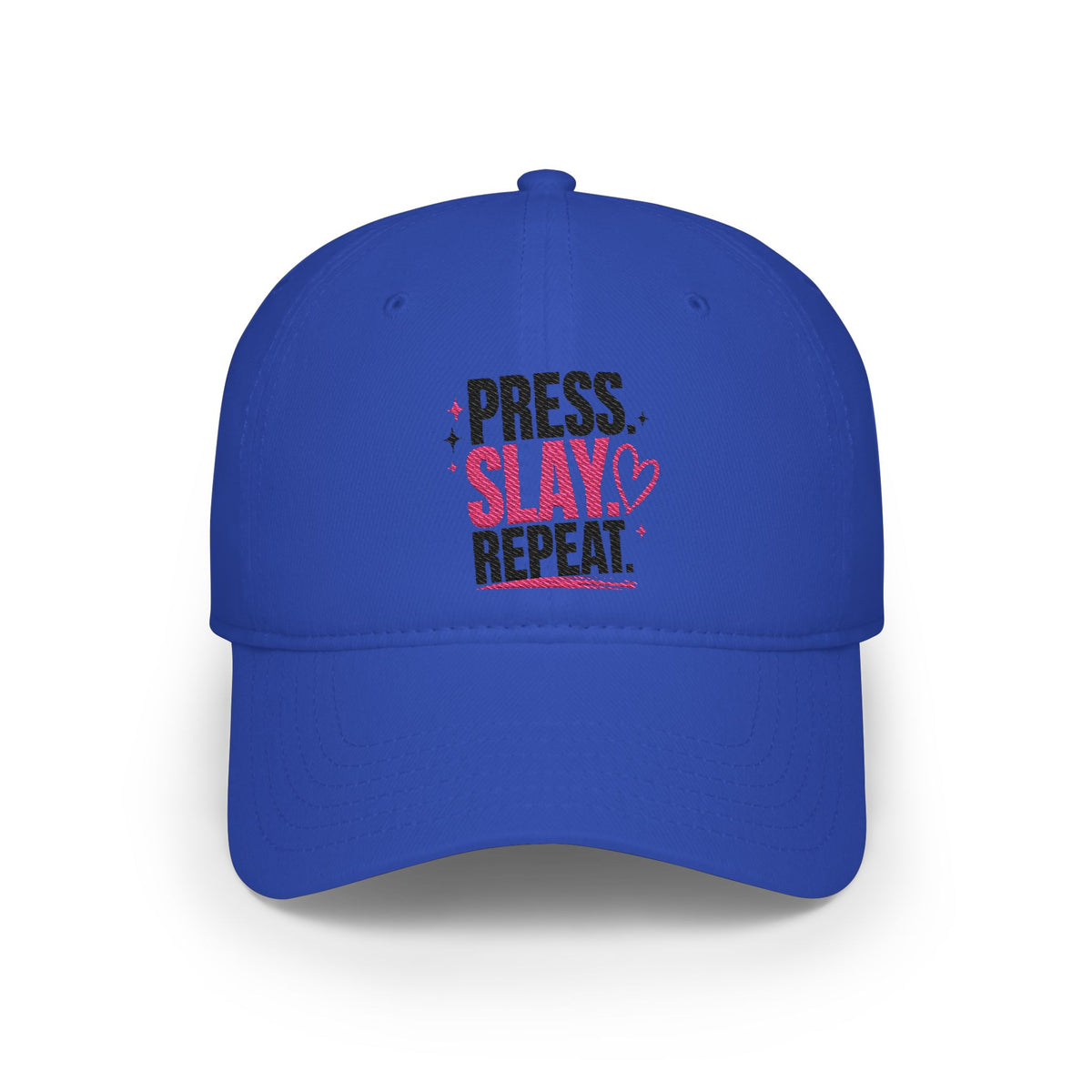 Press Slay Repeat Baseball Cap — Motivational Pink Heart Low-Profile Hat