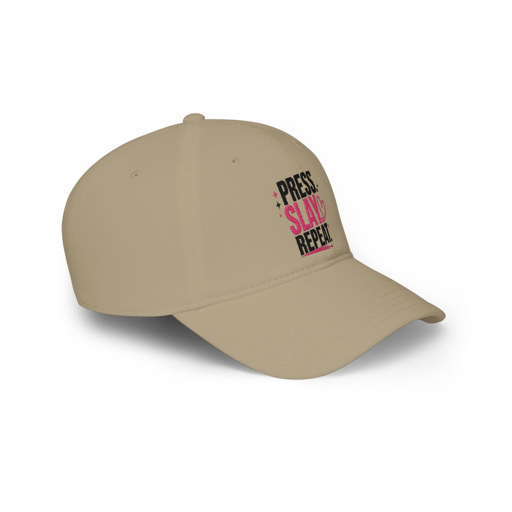 Press Slay Repeat Baseball Cap — Motivational Pink Heart Low-Profile Hat