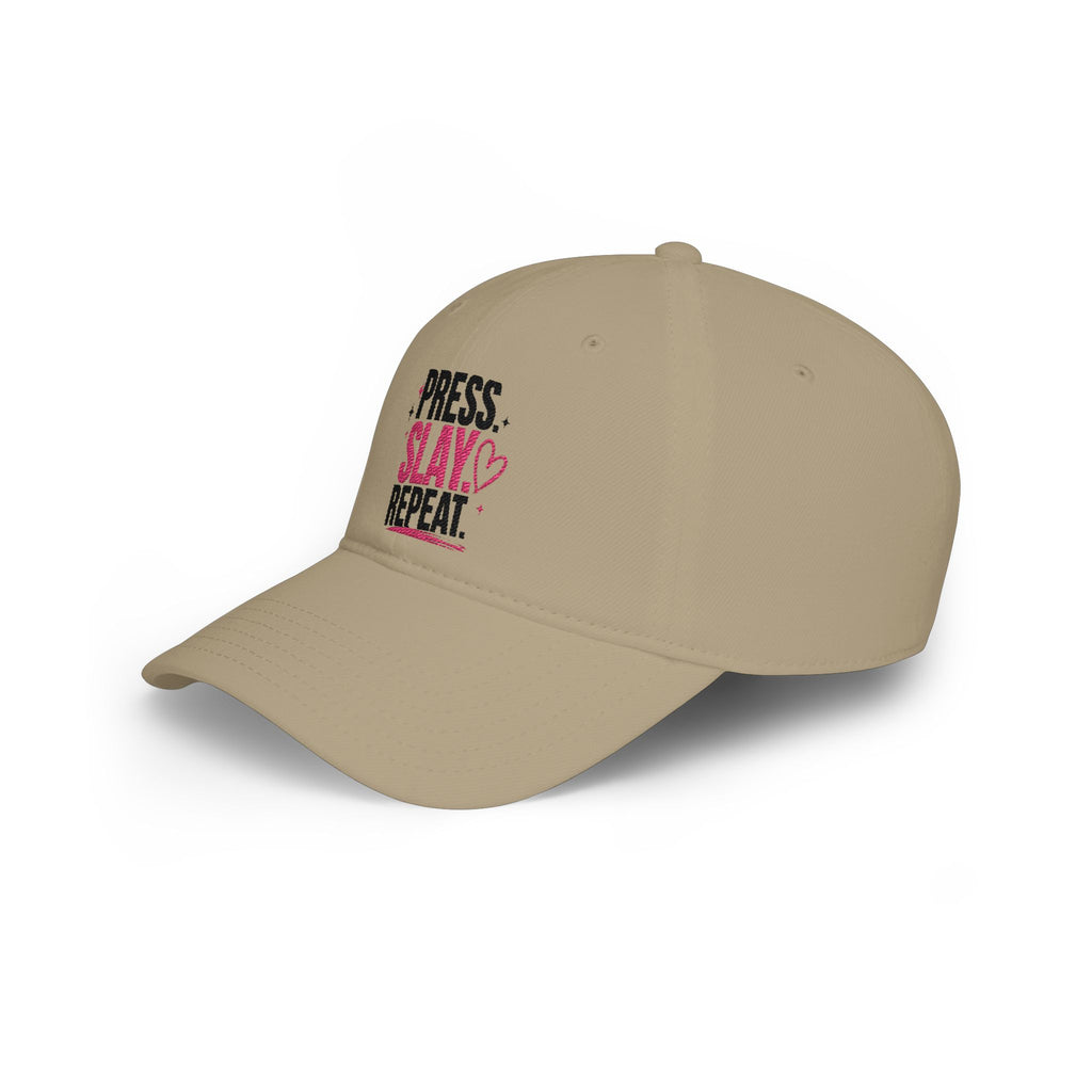 Press Slay Repeat Baseball Cap — Motivational Pink Heart Low-Profile Hat