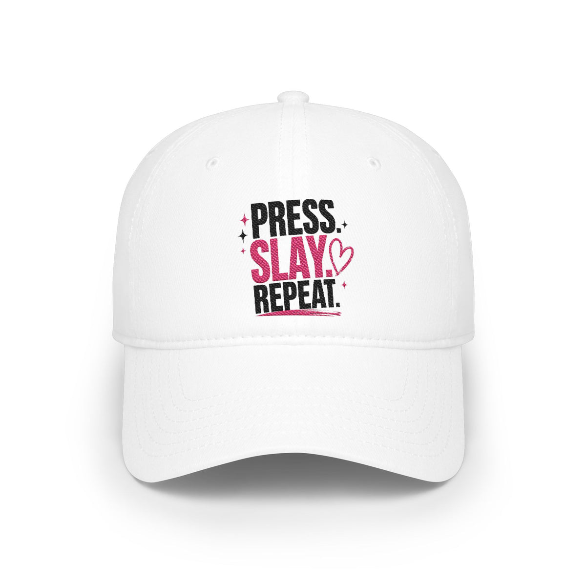 Press Slay Repeat Baseball Cap — Motivational Pink Heart Low-Profile Hat