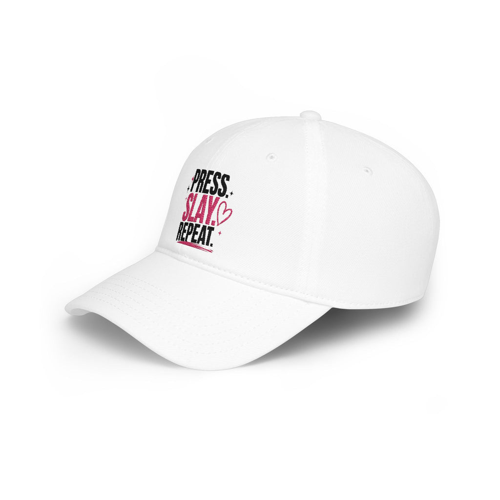 Press Slay Repeat Baseball Cap — Motivational Pink Heart Low-Profile Hat